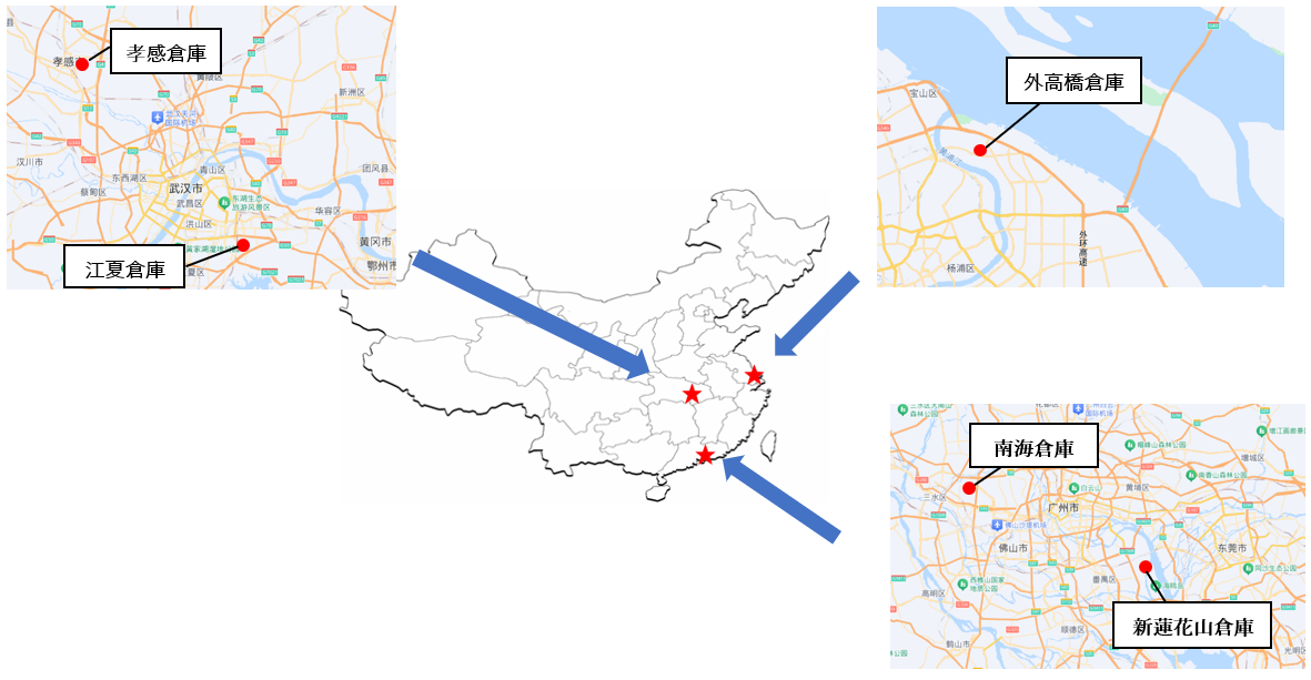 中国のStarMax.倉庫の立地を示す地図